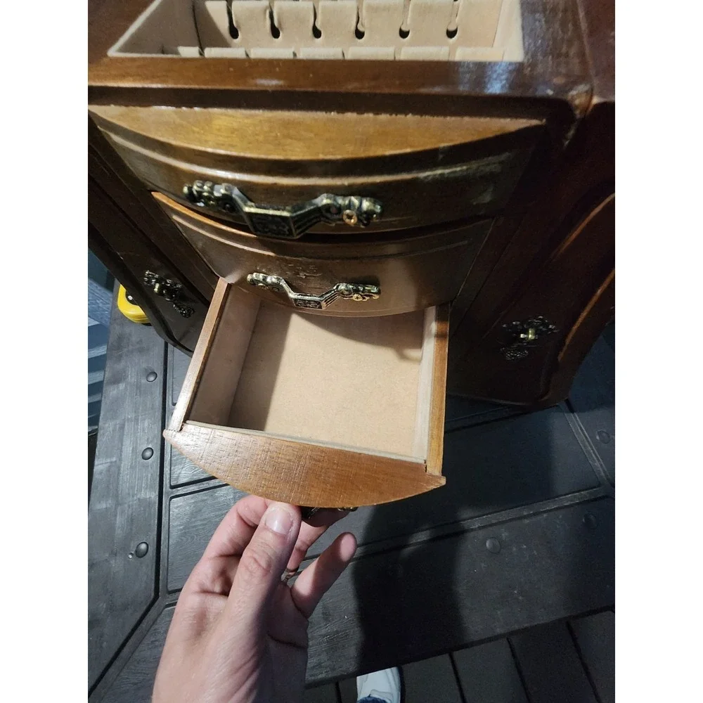 Vintage RARE Solid Wood Armoire Style Tabletop Jewelry Box, Swing Doors 5 Drawer